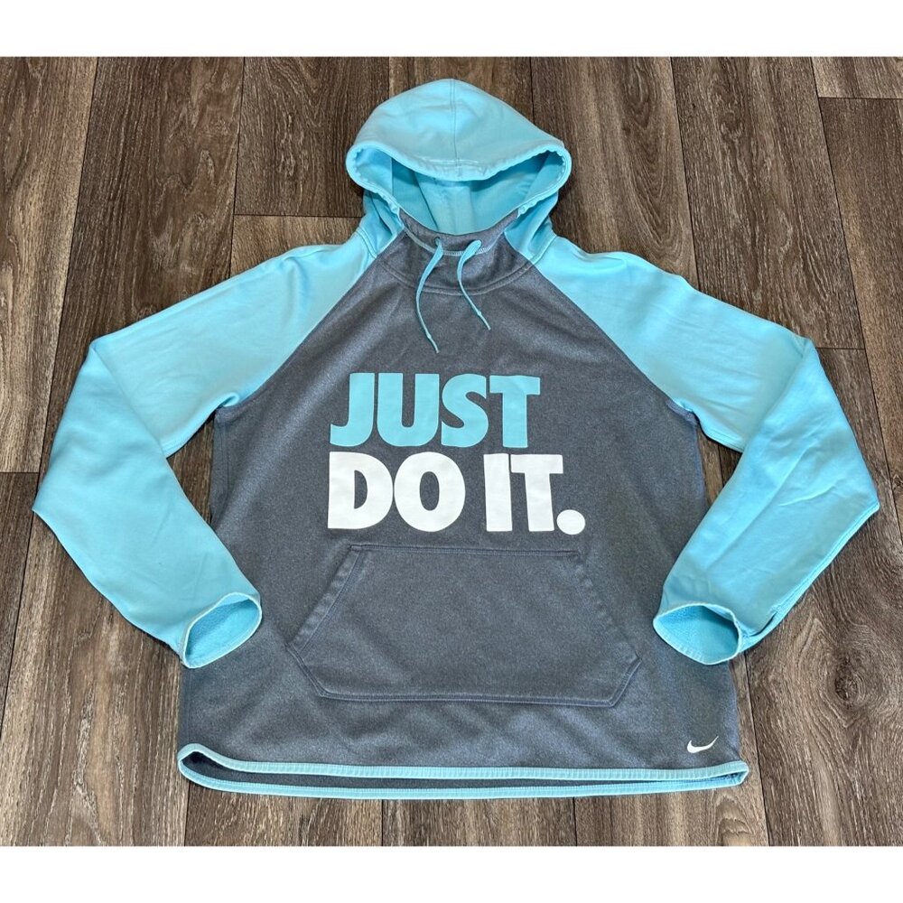 NIKE JUST DO IT THERMA FIT HOODIE SWEATER WOMENS SIZE M FRONT POCKET GREY BLUE